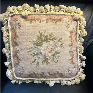 Vintage Needlepoint Pillow | Hand Embroidered Wool Floral Cushion